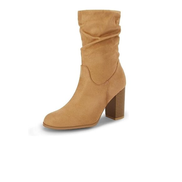 NEW- Womens Size 7 Slouchy Chunky High Heel Mid Calf Boots Almond Slip On - Picture 1 of 9